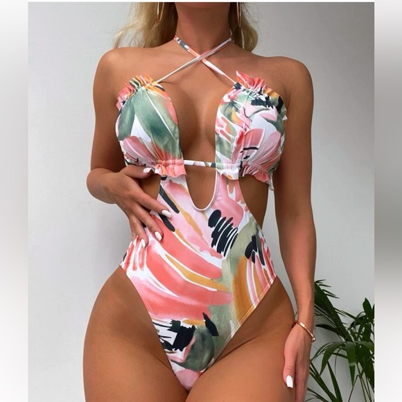 SHEIN Other - Shein Brush Print Frill Trim Tie Back Halter One Piece Swimsuit. Size- X-Large.